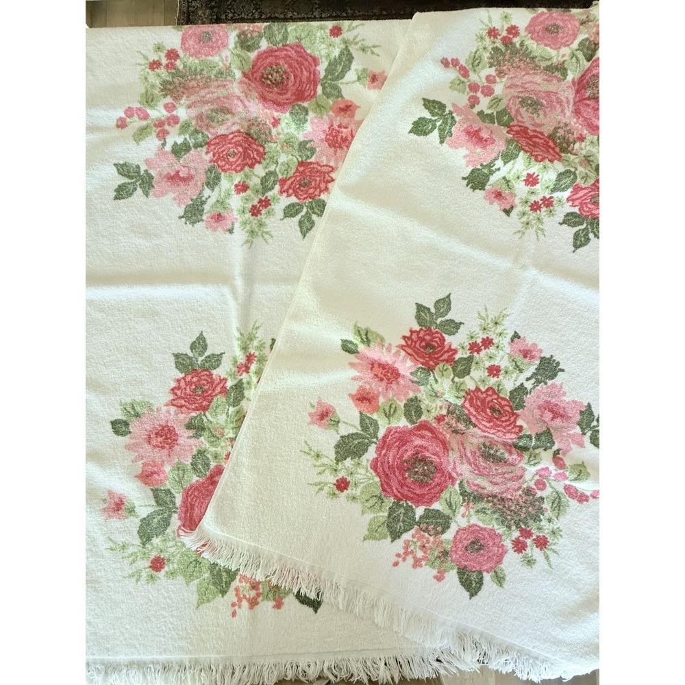 VTG Penney's Decoration Collection Floral Bath Towel Set 2 Pink Rose Fringe MCM